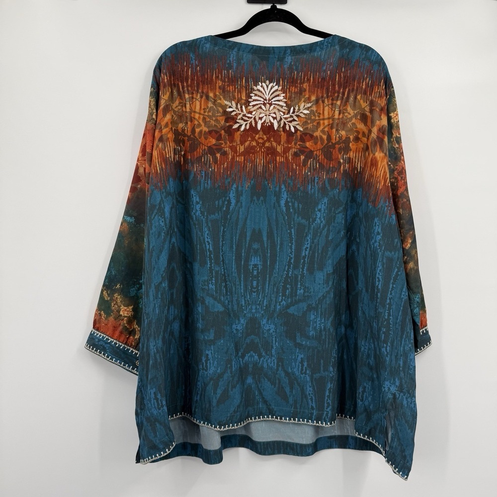 John Mark Shirt Top Womens 3X Blue Orange Embroidered Floral Flowy Scoop Neck - Picture 4 of 10
